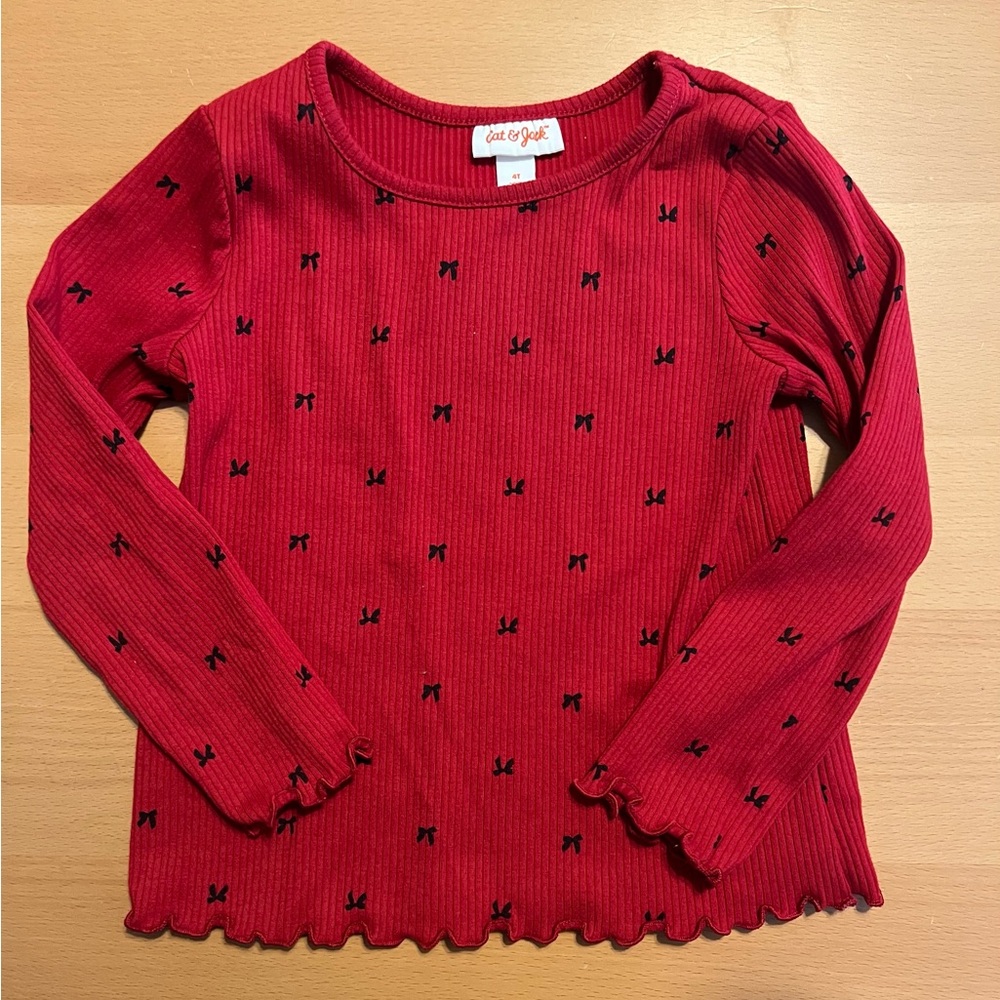 Like New Cat & Jack Red Long Sleeve Tee with Black Bow Accents